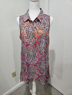 Spense Pink and Coral Paisley Sleeveless Collared Tunic Dress